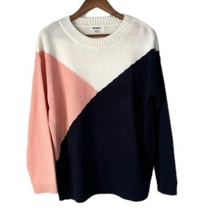 BB Dakota Sweater Sz M  Chunky Knit Boat Neck Blue Beige Stretch Pullover